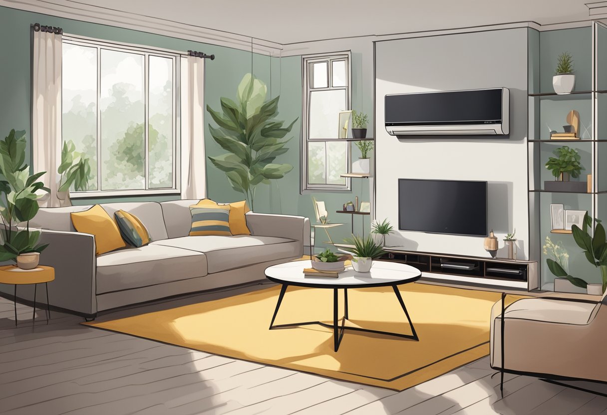 A modern living room with a sleek mini split air conditioner mounted on the wall, surrounded by trendy decor and furnishings