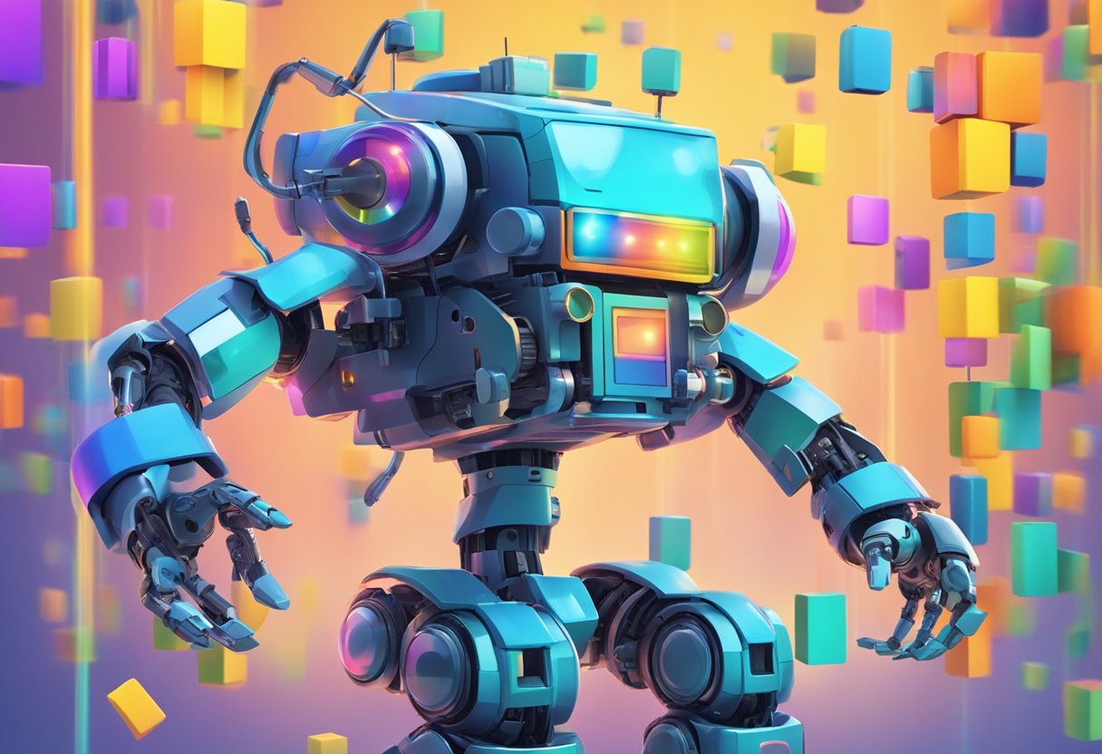 A colorful, futuristic robot surrounded by floating puzzle pieces and digital code, emanating a sense of intelligence and creativity