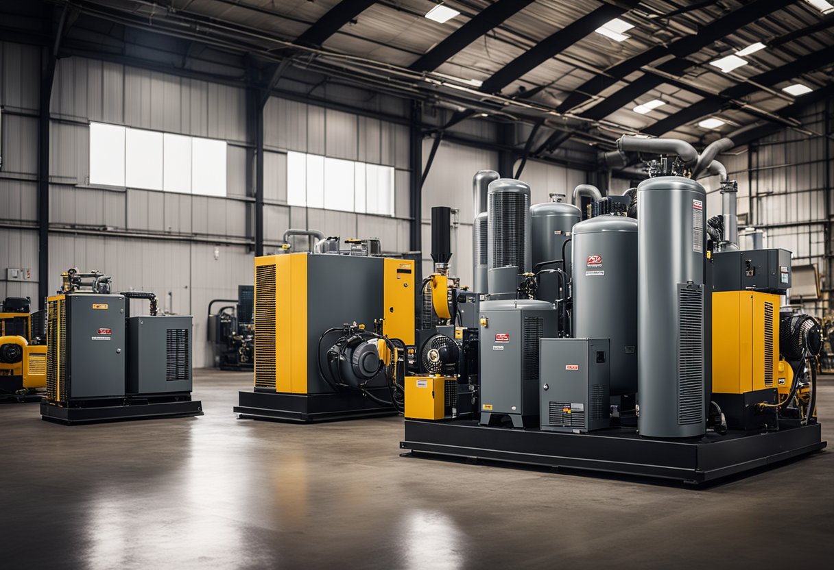 A large industrial facility with multiple Gardner Denver air compressors in operation, surrounded by heavy machinery and equipment