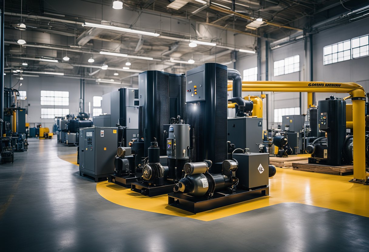 A factory floor with Gardner Denver air compressors in operation, surrounded by industrial equipment and workers