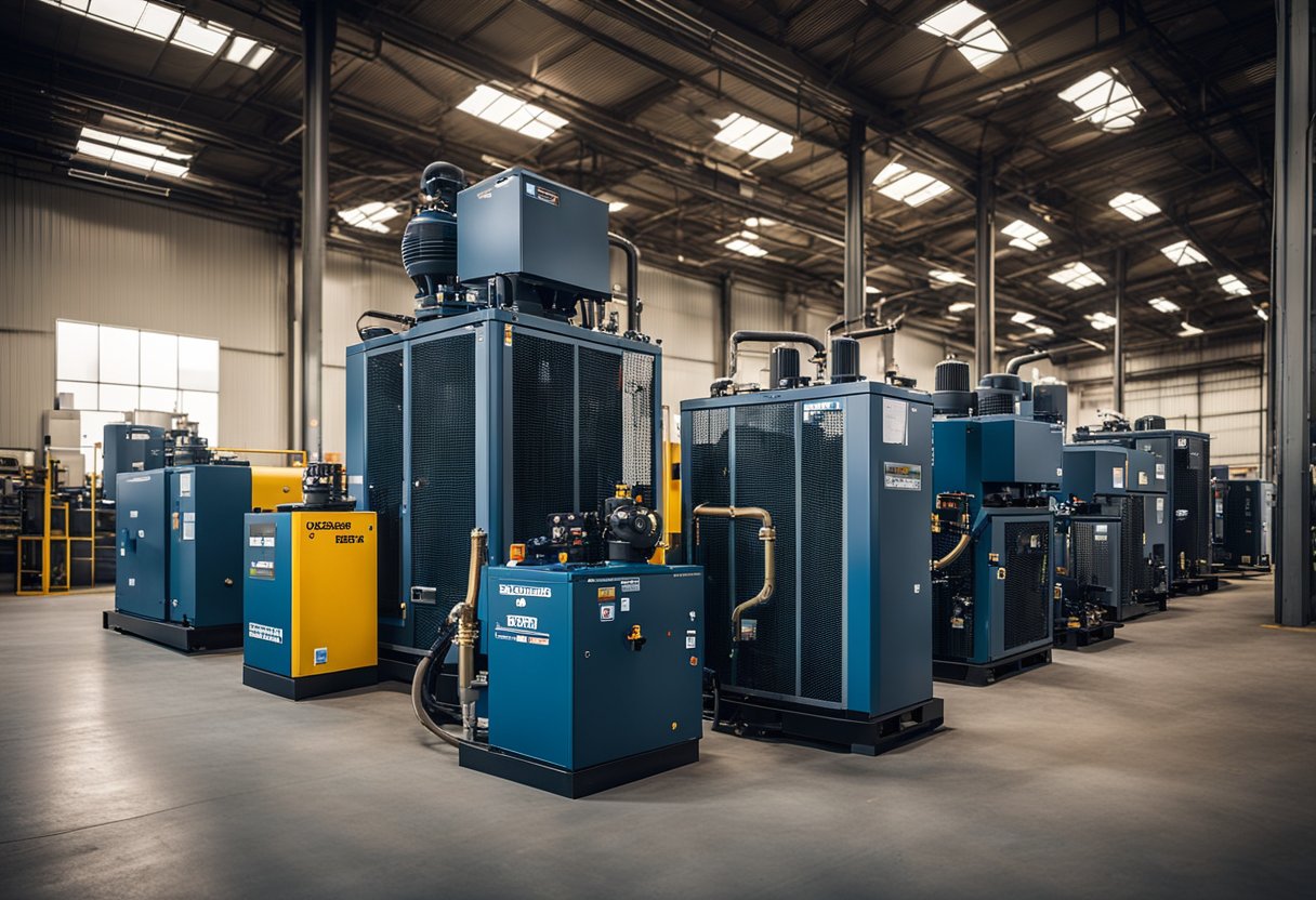 A large industrial facility with various machines and equipment powered by Gardner Denver air compressors, showcasing the quality and performance of the products