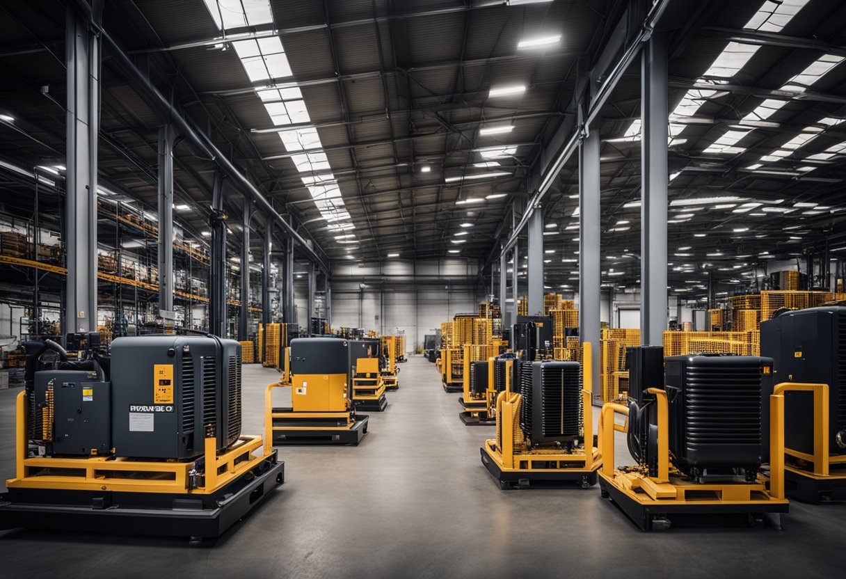 A large industrial warehouse with multiple Gardner Denver air compressors in operation, surrounded by heavy machinery and equipment