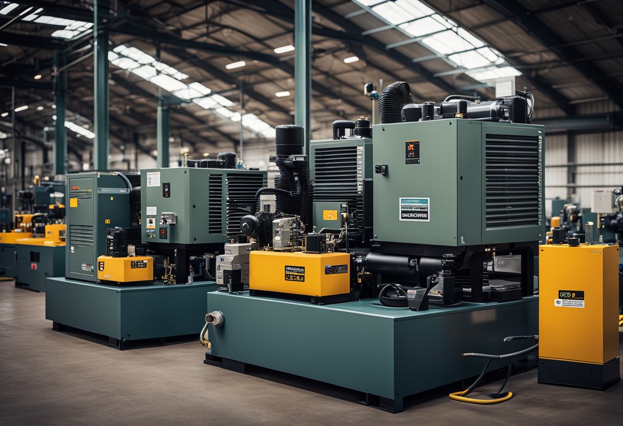 A busy industrial setting with Gardner Denver air compressors in use, surrounded by machinery and workers