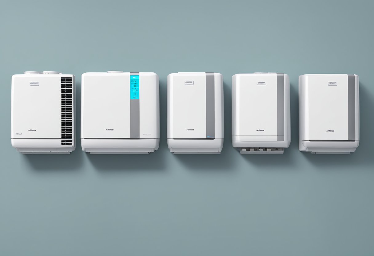 Four sleek mini split units lined up, each with a prominent SEER rating displayed. The units are set against a clean, modern backdrop, emphasizing their stellar energy efficiency