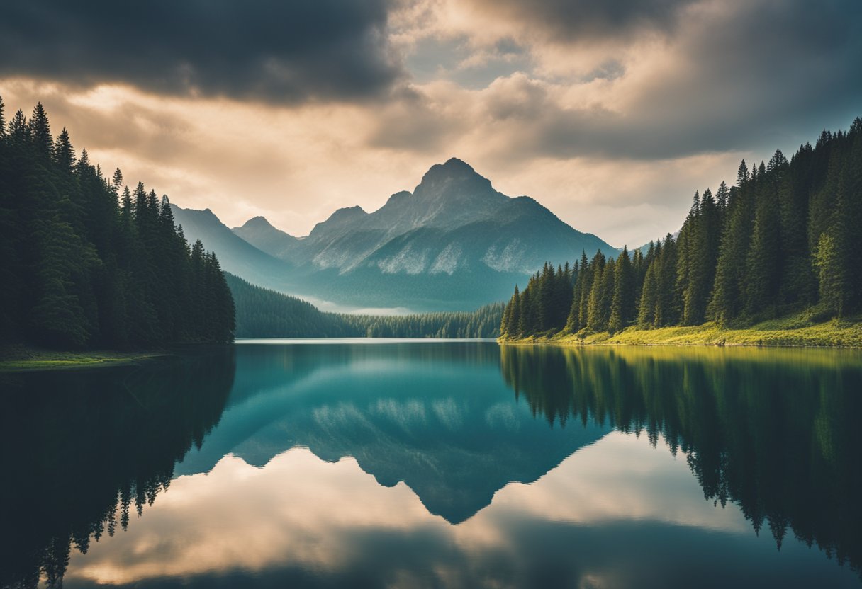 Un paysage serein avec des montagnes majestueuses, des forêts luxuriantes et un lac tranquille, entouré d'un sentiment d'énergie spirituelle.