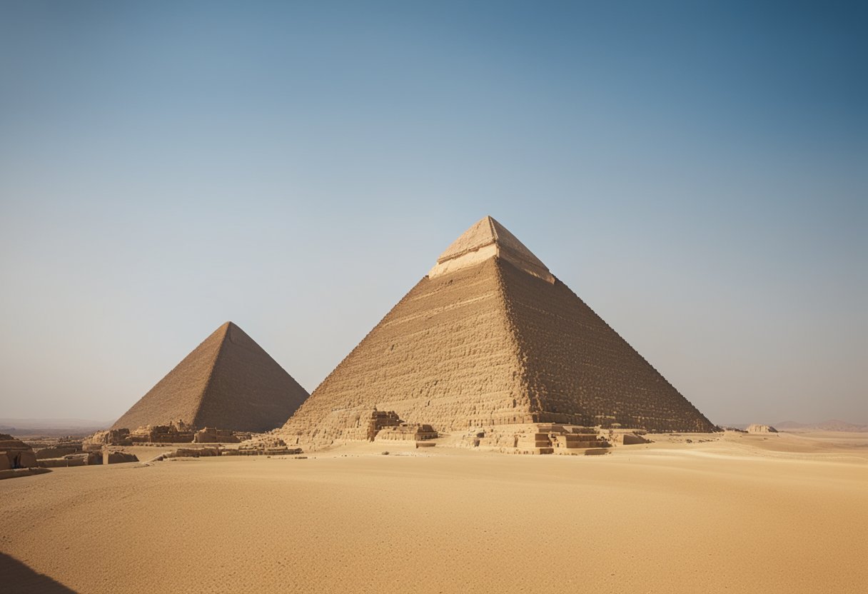 La Grande Pyramide de Gizeh en Égypte, entourée de désert et sous un ciel bleu clair, avec le soleil projetant de longues ombres