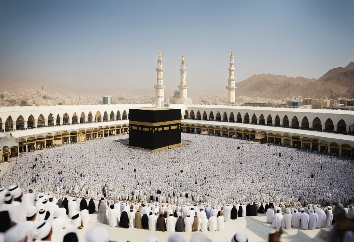 Une vue panoramique du site sacré de La Mecque en Arabie Saoudite, entouré de désert et avec la célèbre Kaaba au centre.