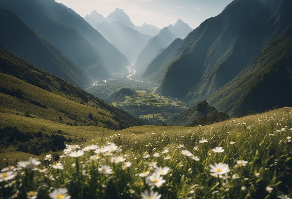 Un paysage de montagne serein avec sept sites spirituels emblématiques du monde entier nichés parmi les sommets.