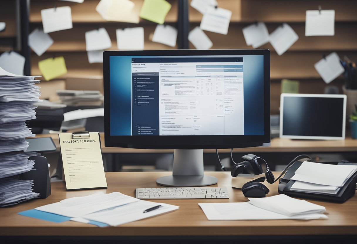 A cluttered desk with a computer, files, and a notice board with job postings