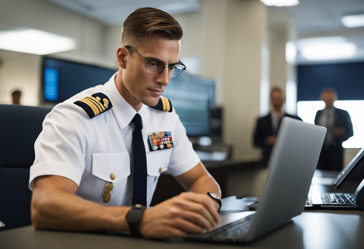 A navy officer in uniform reviewing applications on a computer