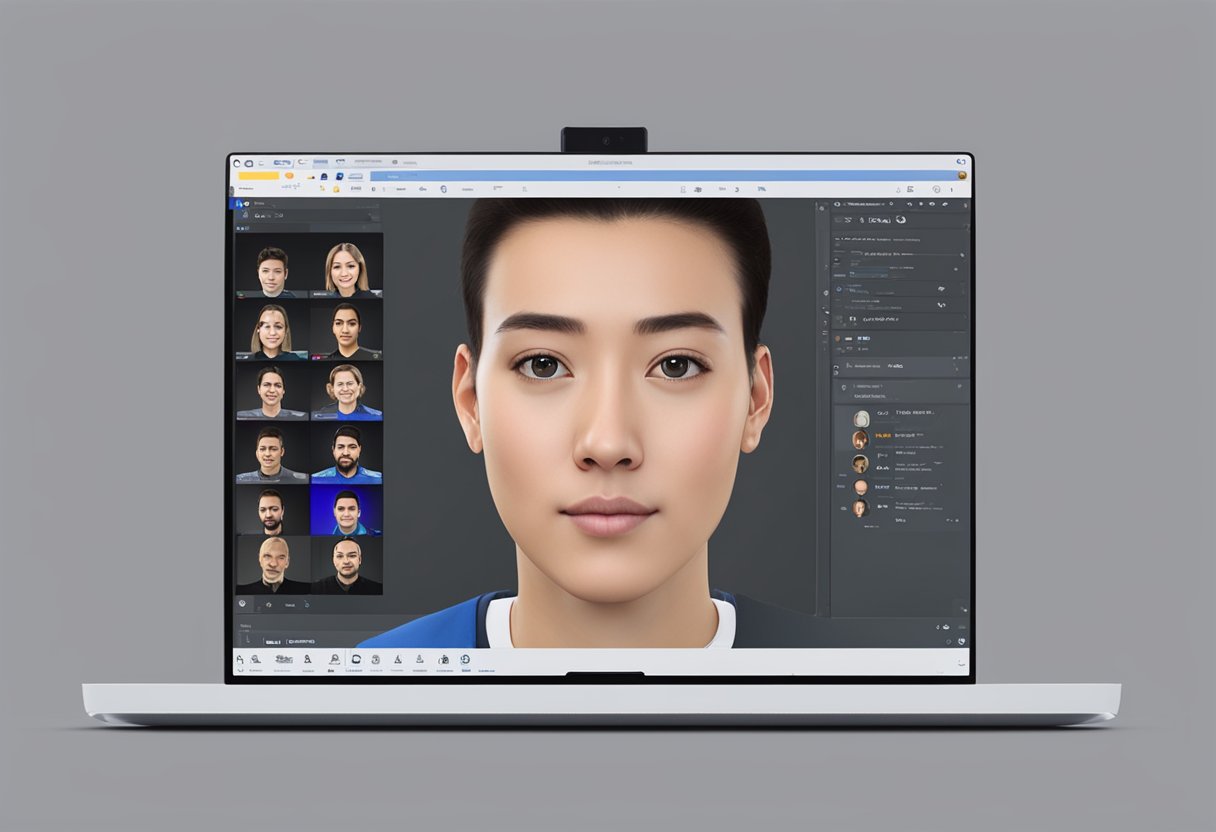 A computer screen displaying PortraitPro AI 21 with a generated headshot and the software interface