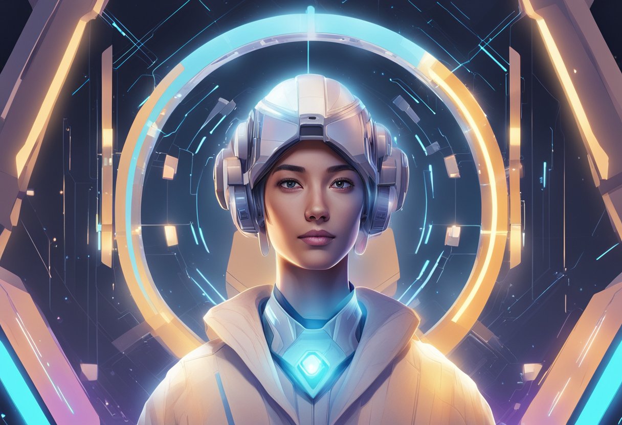 A glowing, futuristic AI headshot generator surrounded by beams of light