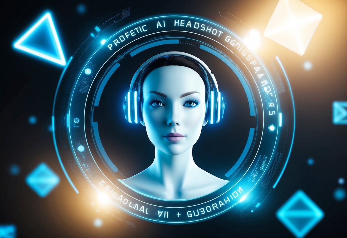 A futuristic AI headshot generator surrounded by glowing digital interfaces and floating geometric shapes