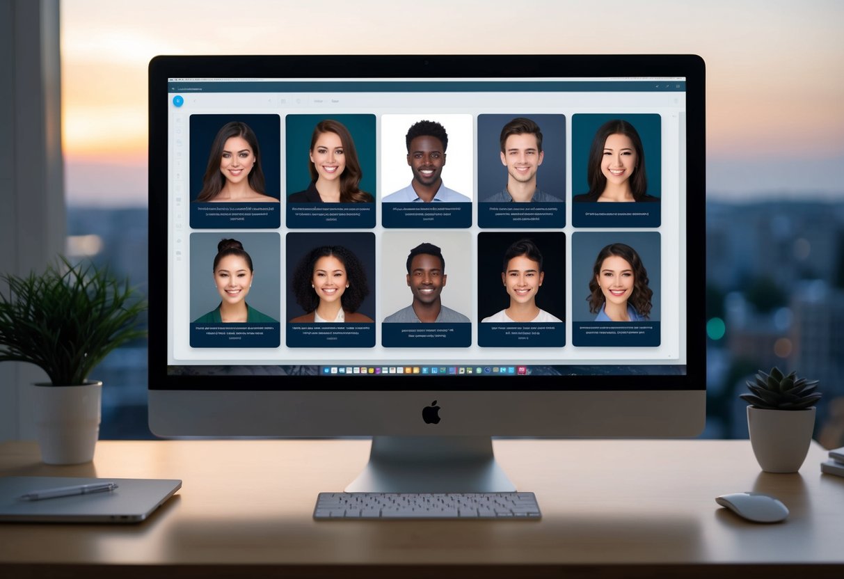 A computer screen with seven AI headshot generators open, each displaying a different digital portrait