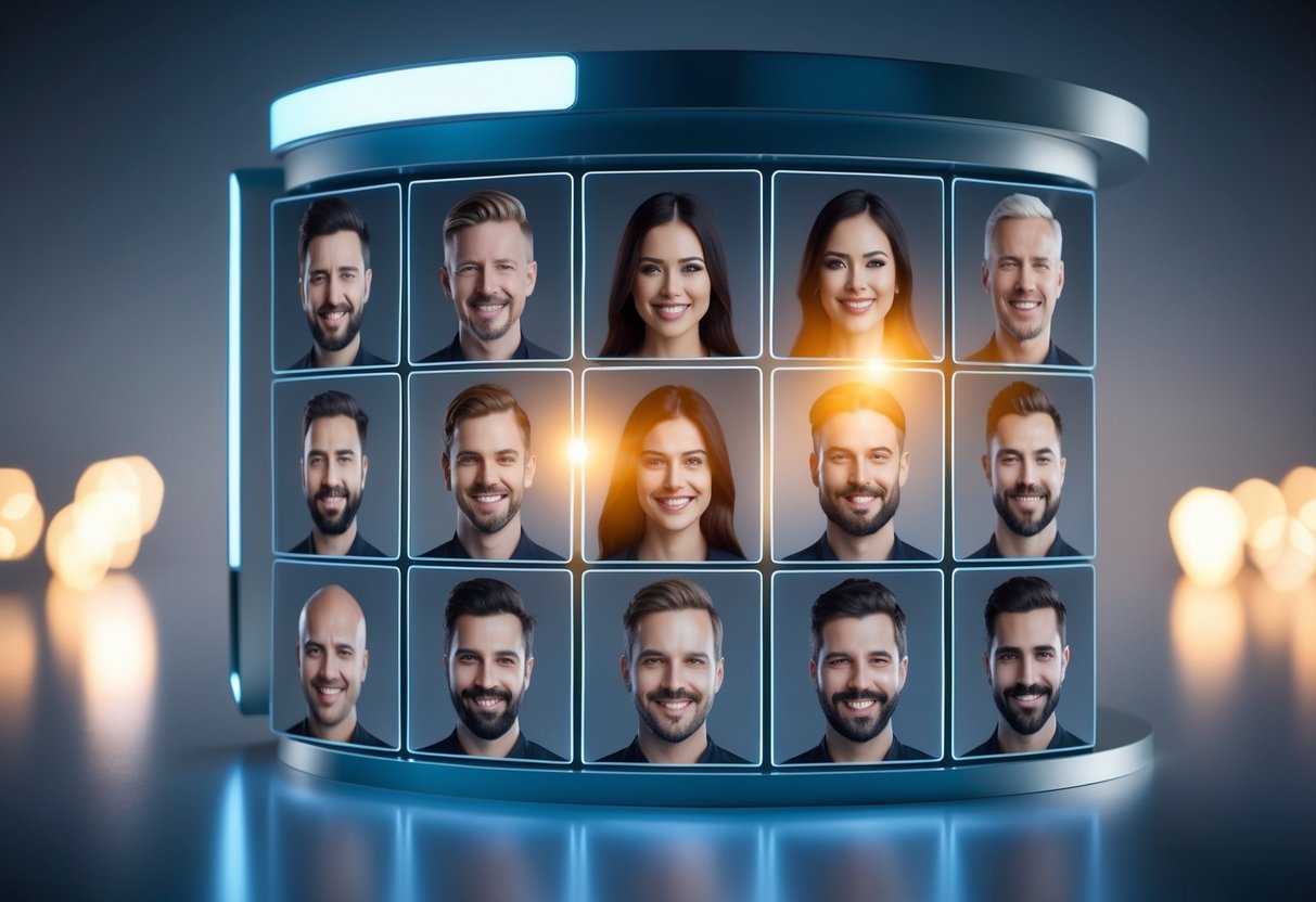 A futuristic, sleek interface displaying multiple AI-generated headshots in a grid pattern, with glowing accents and a minimalist design