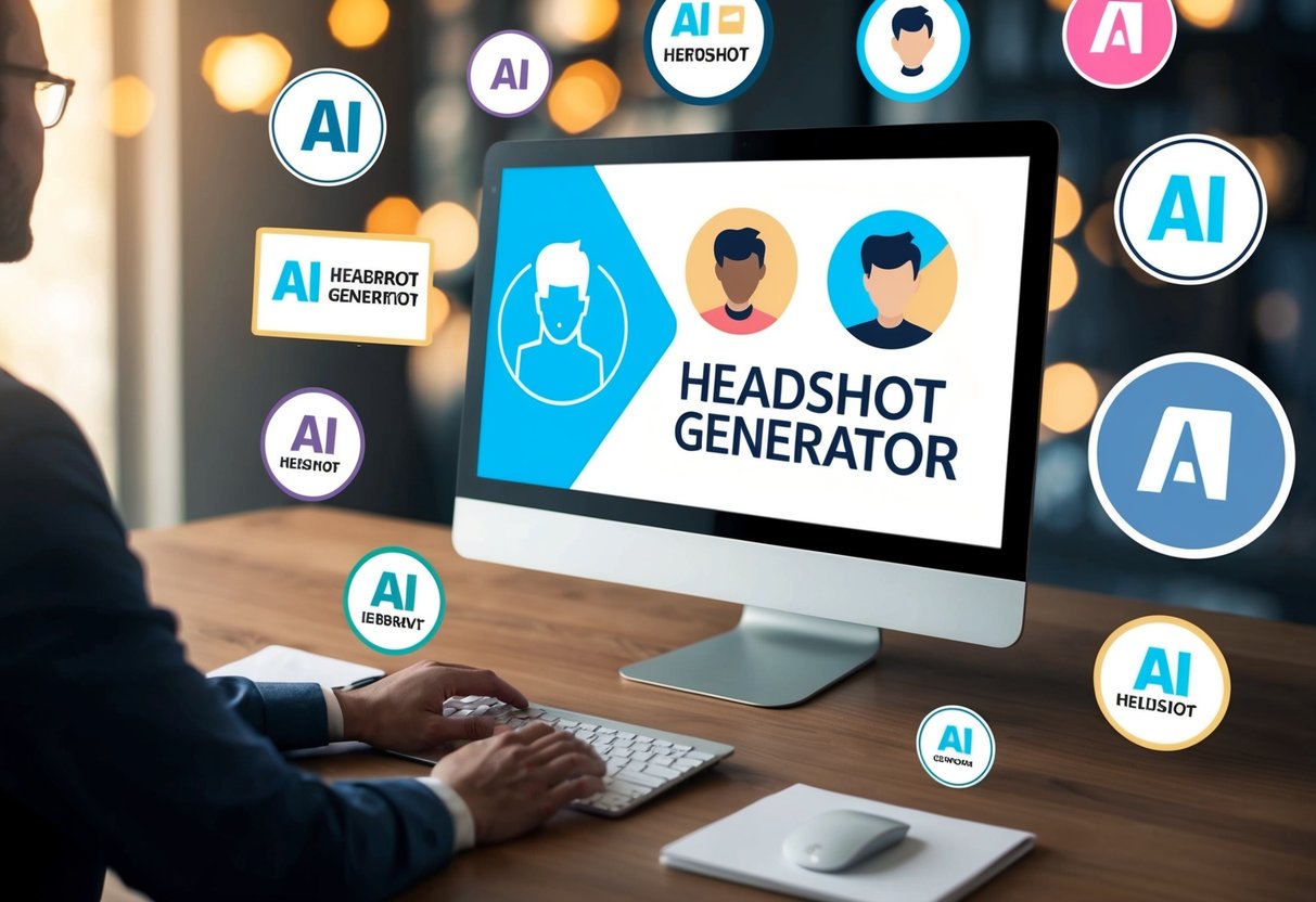 A computer screen surrounded by various AI headshot generator logos, with a person's hand reaching for one of the logos