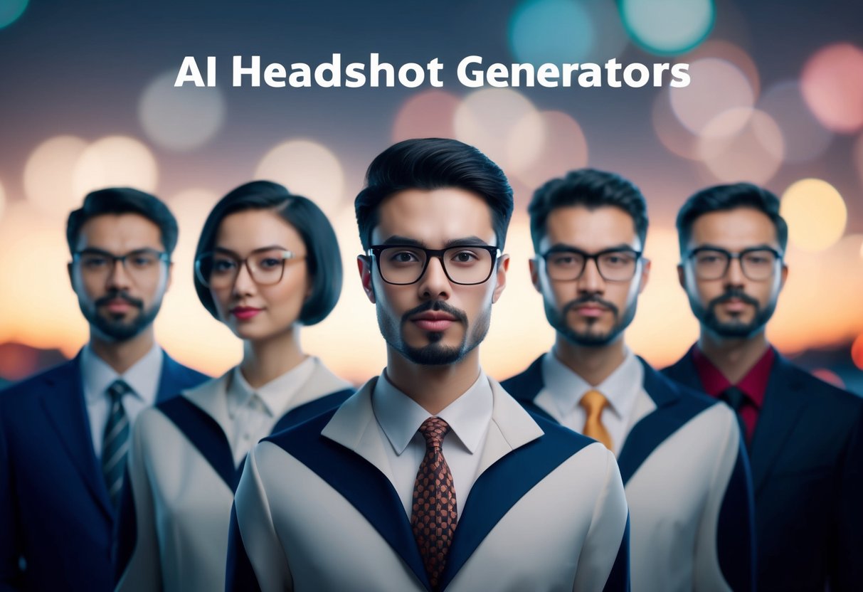 A row of seven AI headshot generators with distinct features and designs