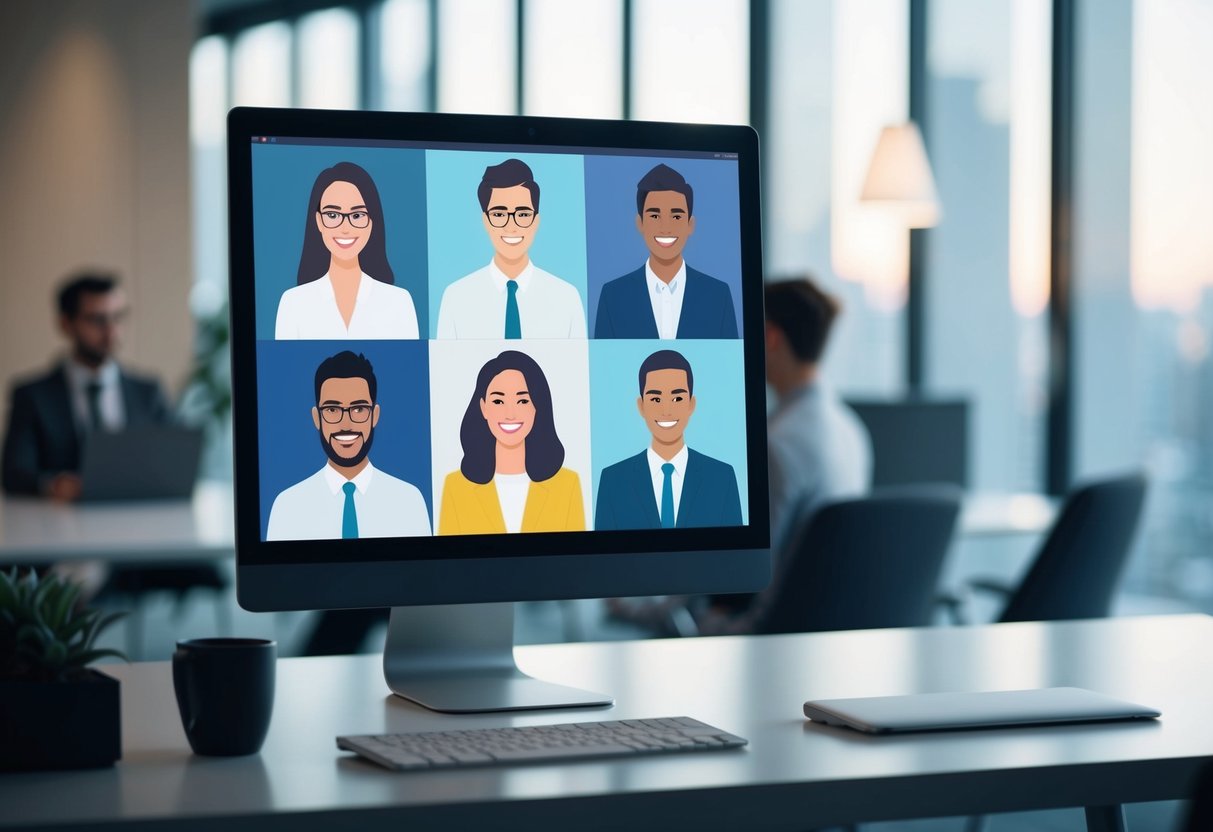 A computer monitor displaying seven different AI-generated headshots in a sleek, modern office setting