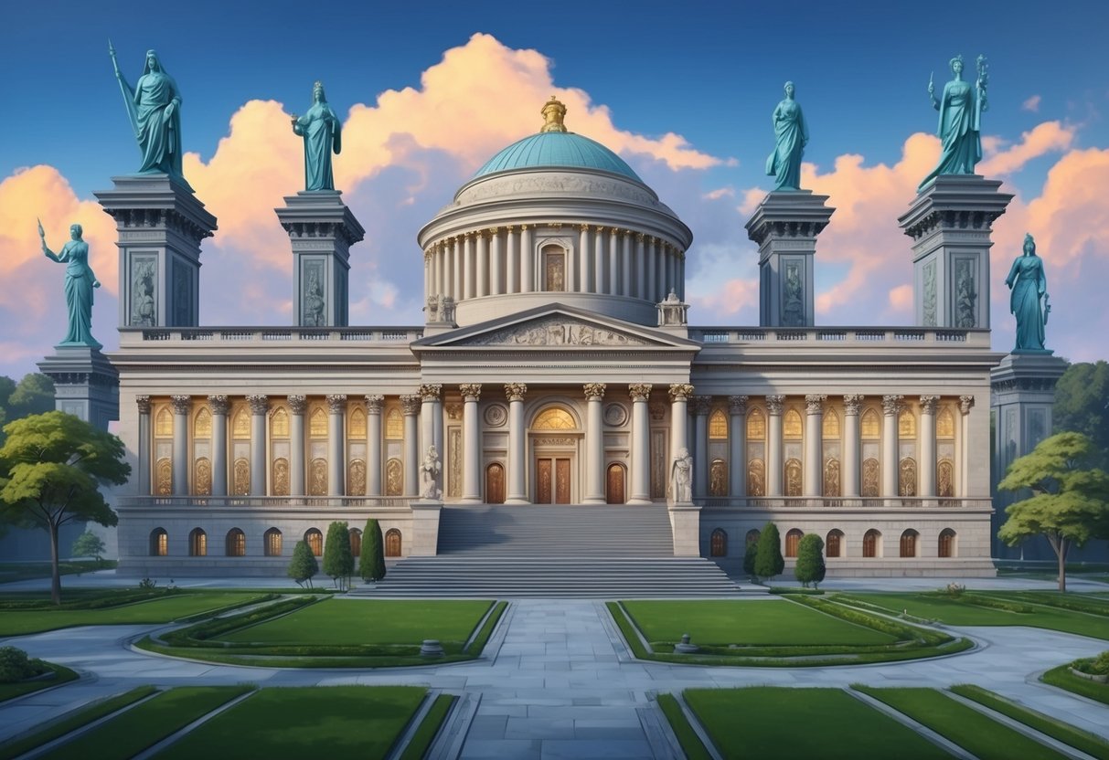 A grand library with ancient scrolls and artifacts, surrounded by towering statues and monuments, symbolizing the historical milestones of 2025