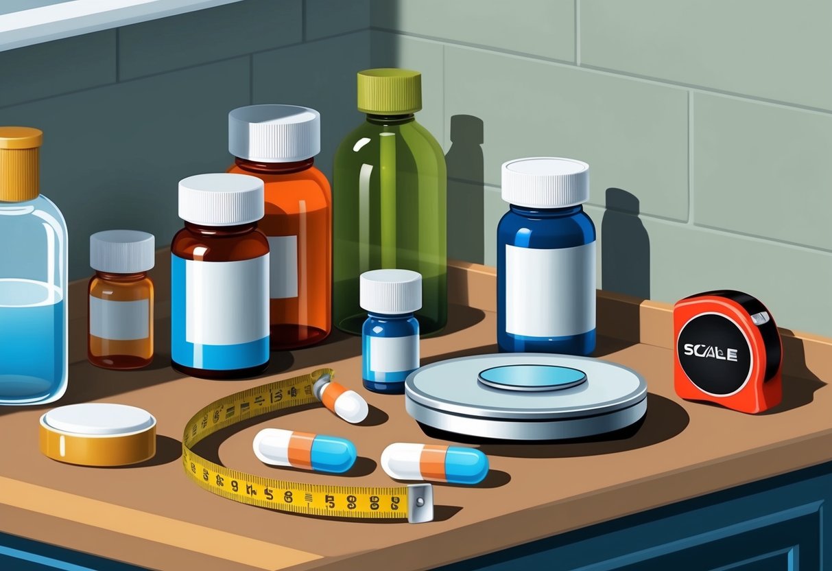 A cluttered bathroom counter with pill bottles, a scale, and a tape measure