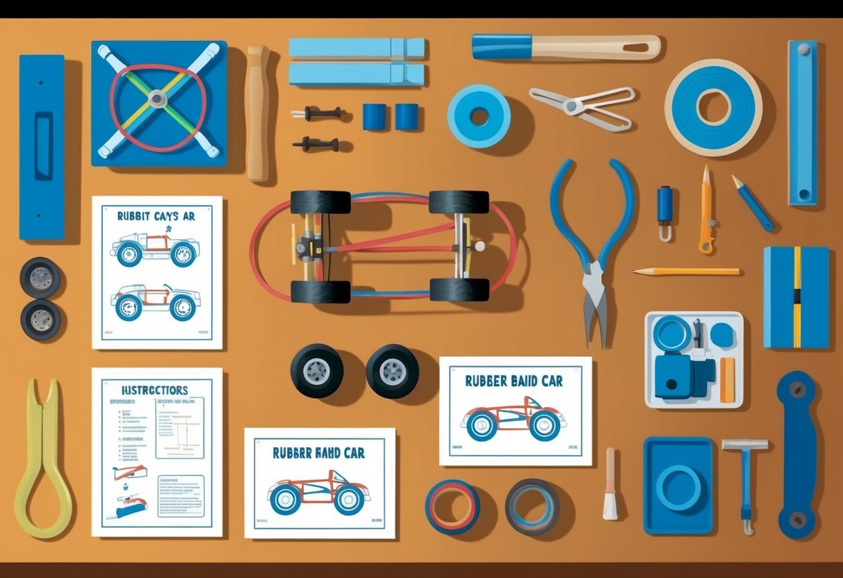 A table with various tools and materials laid out for building a rubber band car.</p><p>Instructions and diagrams are visible