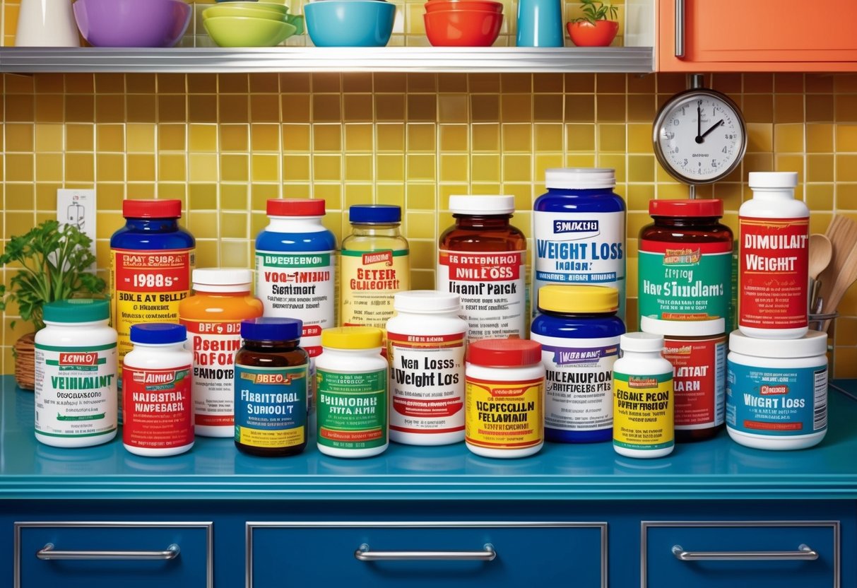 A colorful array of non-stimulant weight loss supplements from the 1980s, arranged on a retro kitchen countertop