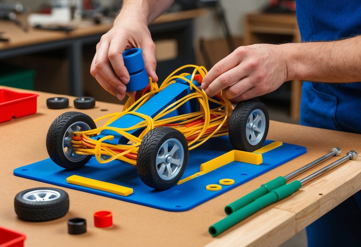 A rubber band car with wheels and axles being assembled on a workbench