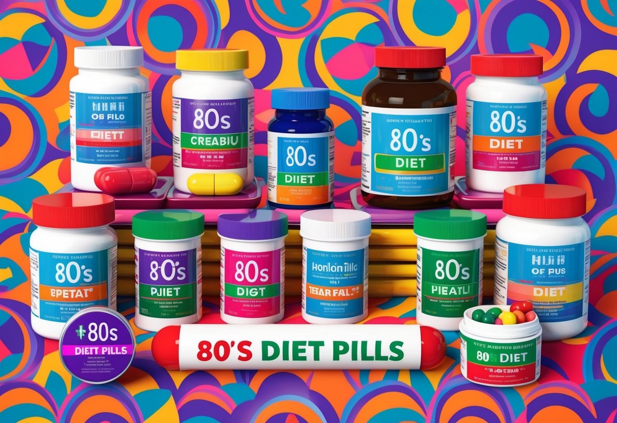 A colorful array of 80s diet pills displayed on a vibrant, retro-patterned background