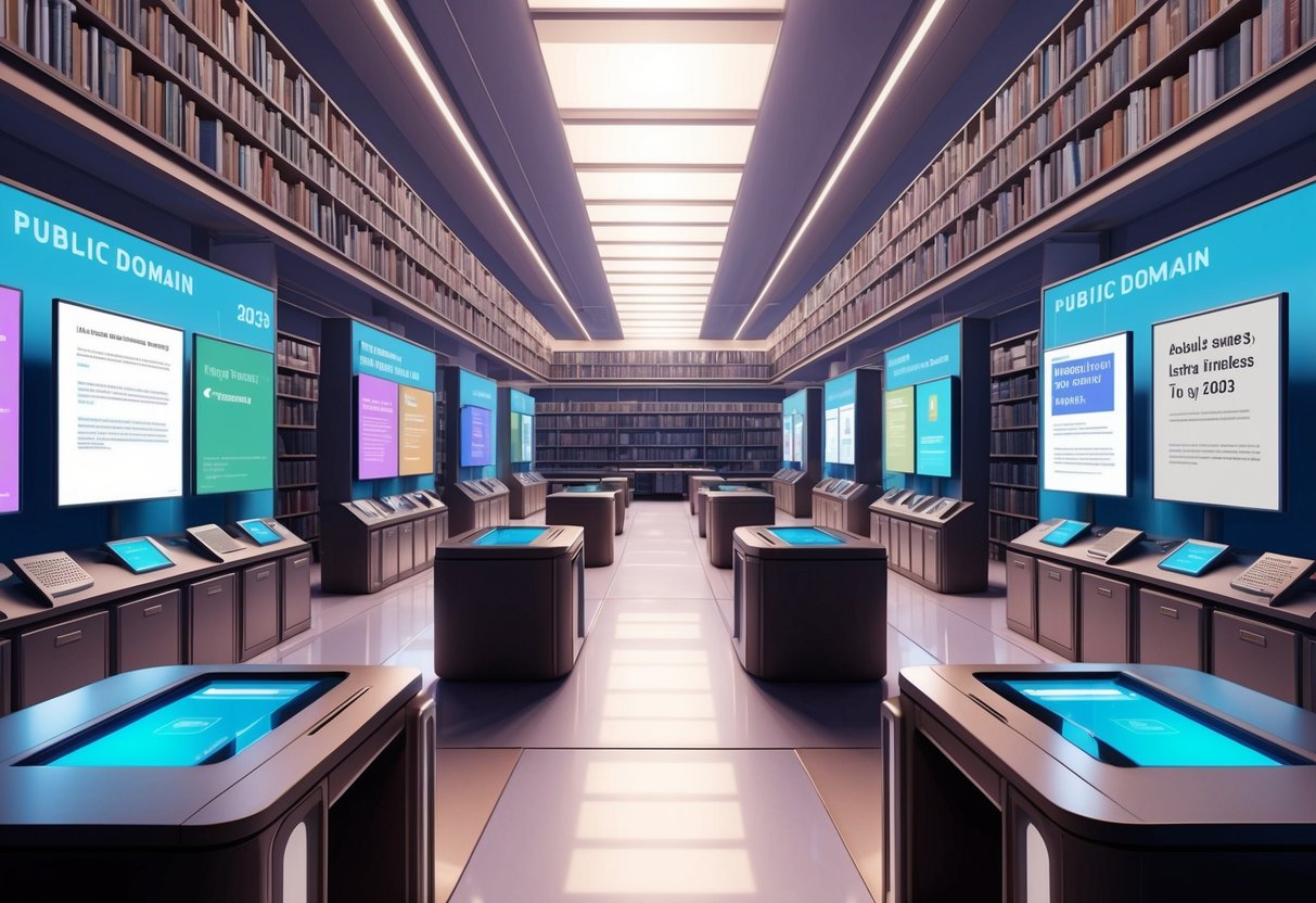 A futuristic library with digital displays and interactive terminals, showcasing public domain content from 2025