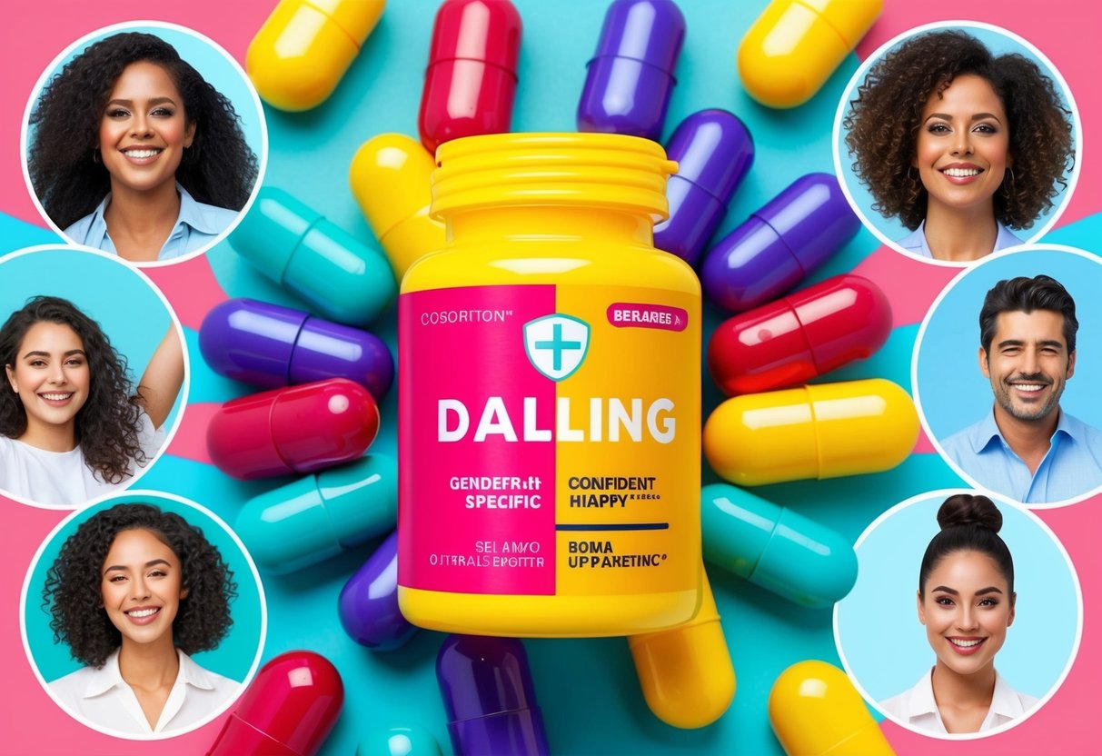 A bright, colorful pill bottle surrounded by images of confident and happy individuals, with a prominent focus on gender-specific marketing