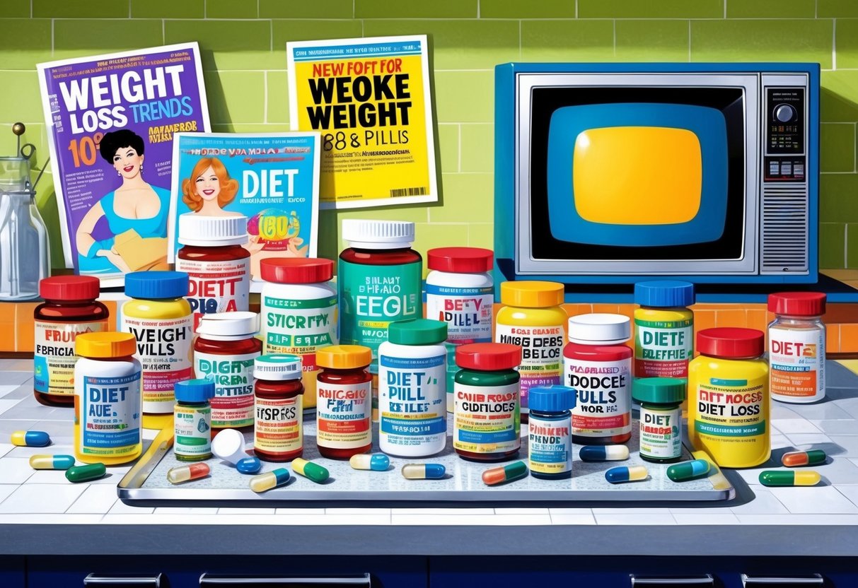 A colorful array of 1980s diet pill bottles on a retro kitchen counter, surrounded by magazines and television screens promoting weight loss trends