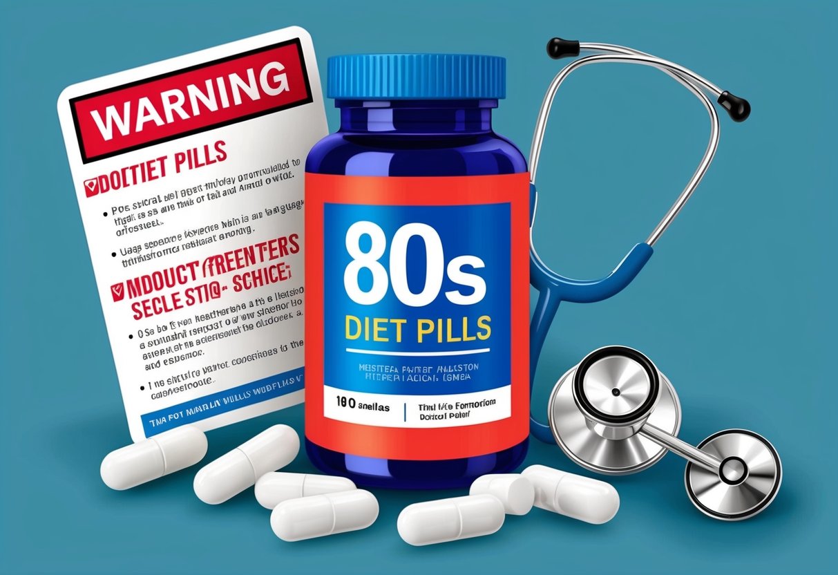 A bottle of 80s diet pills surrounded by warning signs and a doctor's stethoscope