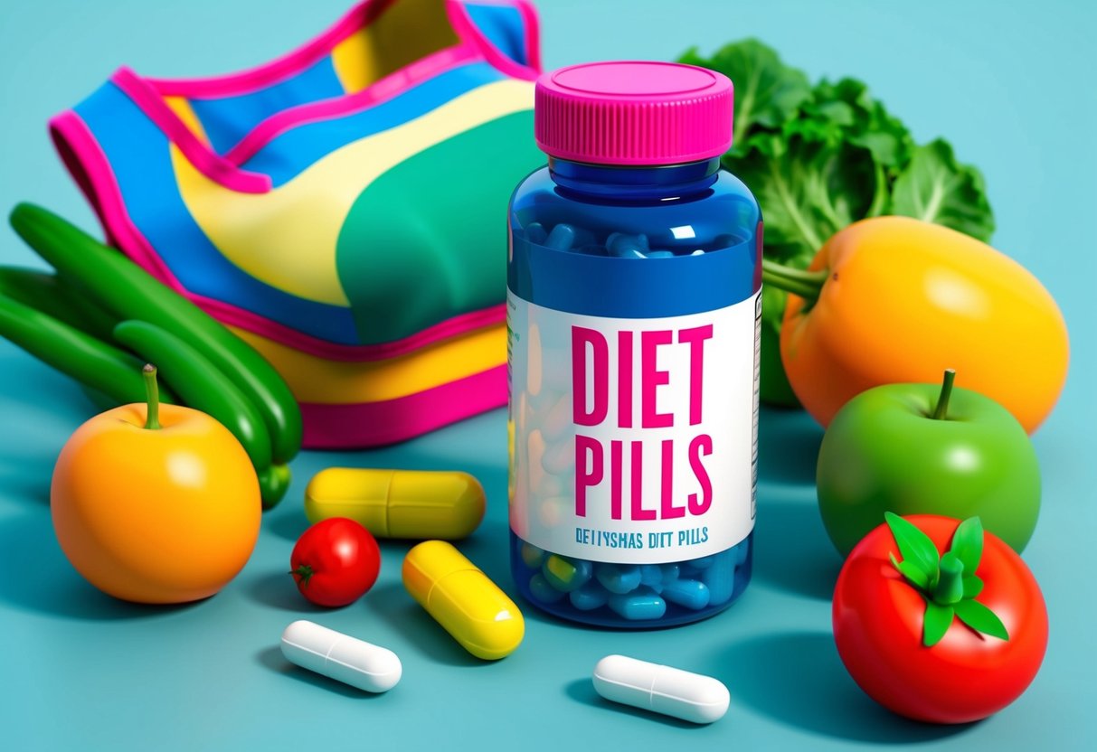 A bottle of diet pills sits next to a colorful 80s workout outfit, surrounded by fresh fruits and vegetables