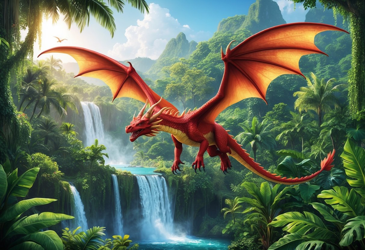 A flying dragon soaring through a lush, tropical forest with vibrant foliage and cascading waterfalls