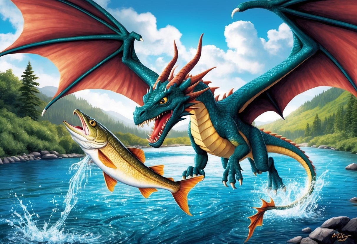 A flying dragon swoops down to catch a fish from a sparkling river, its sharp teeth and powerful wings on display