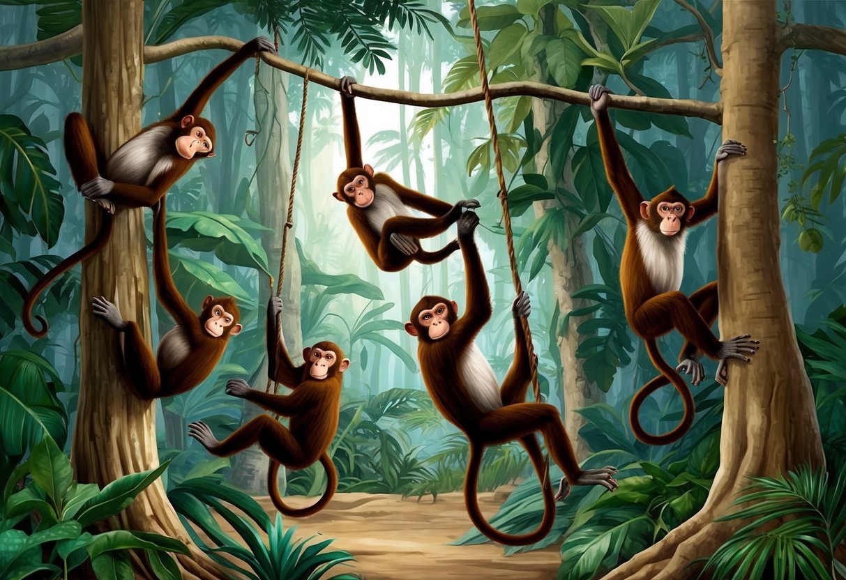 A group of large monkeys swinging from tree to tree in a dense jungle