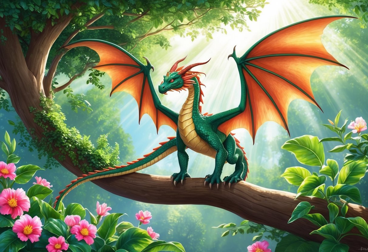 A flying dragon perched on a tree branch, surrounded by lush green foliage and vibrant flowers, with sunlight streaming through the canopy