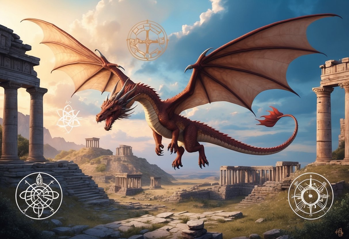 A majestic dragon soaring over ancient ruins, surrounded by symbols of cultural and scientific significance