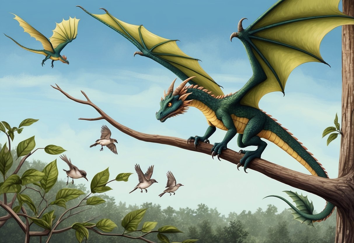 A flying dragon perches on a tree branch, with its wings spread wide and its sharp eyes scanning the forest below.</p><p>In the distance, a group of smaller birds flit among the leaves, unaware of the predator above