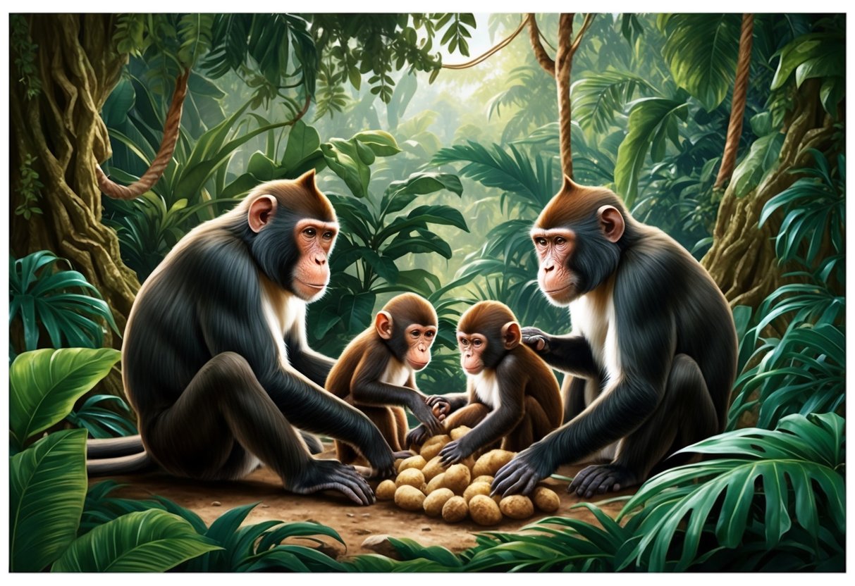 A group of big monkeys care for their young in a lush jungle setting