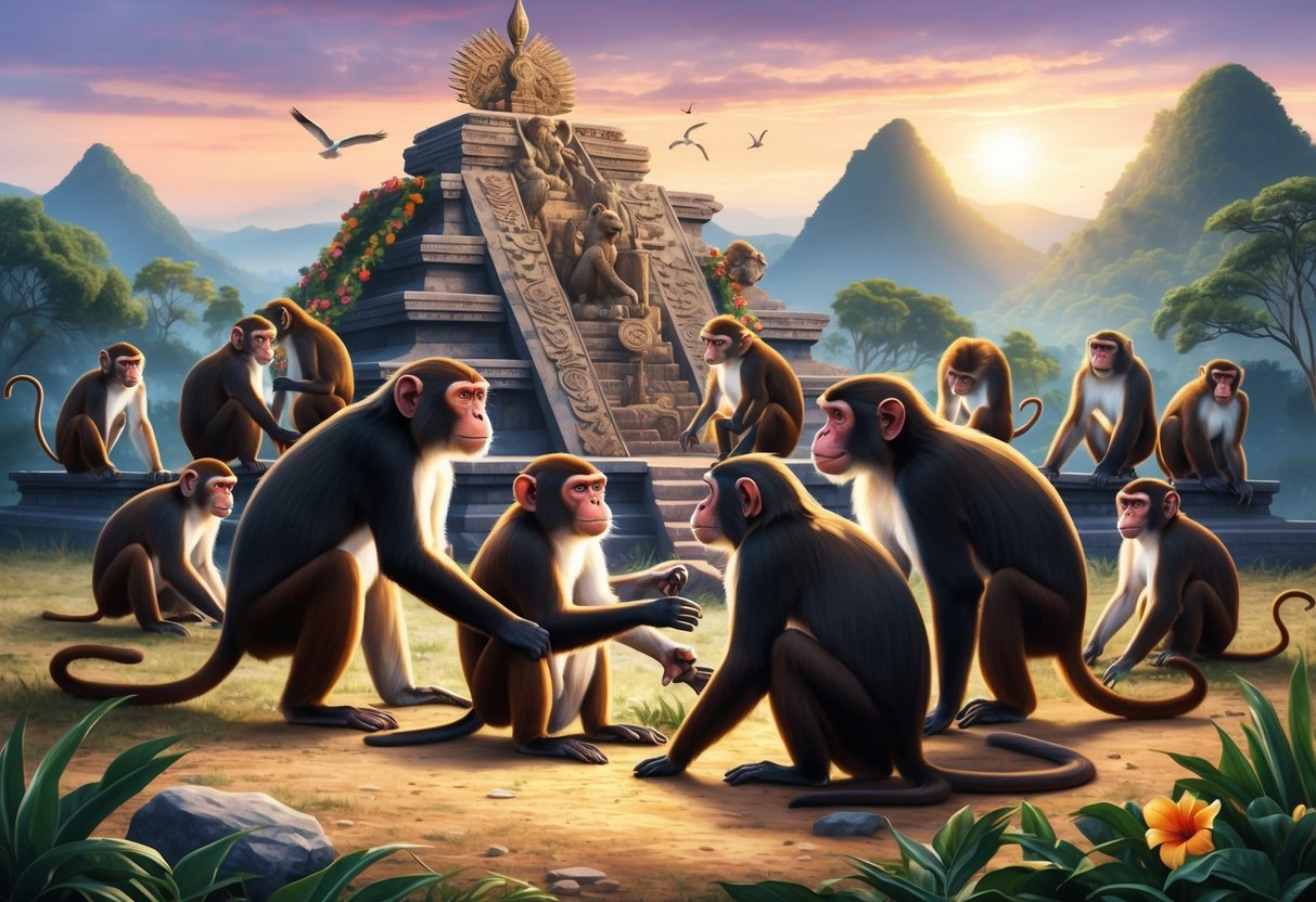 A group of large monkeys gather around a sacred site, interacting with each other and displaying cultural significance through their actions