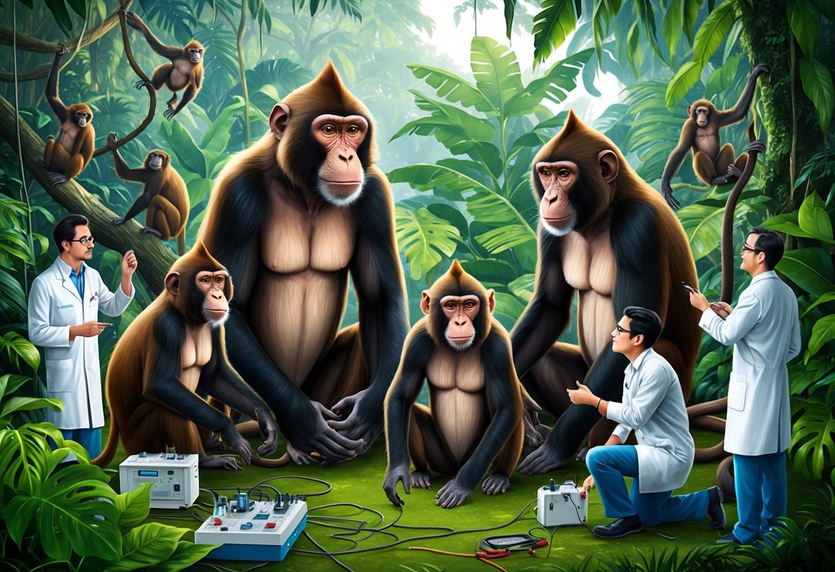 A group of large monkeys in a lush jungle, surrounded by scientific equipment and researchers observing their behavior