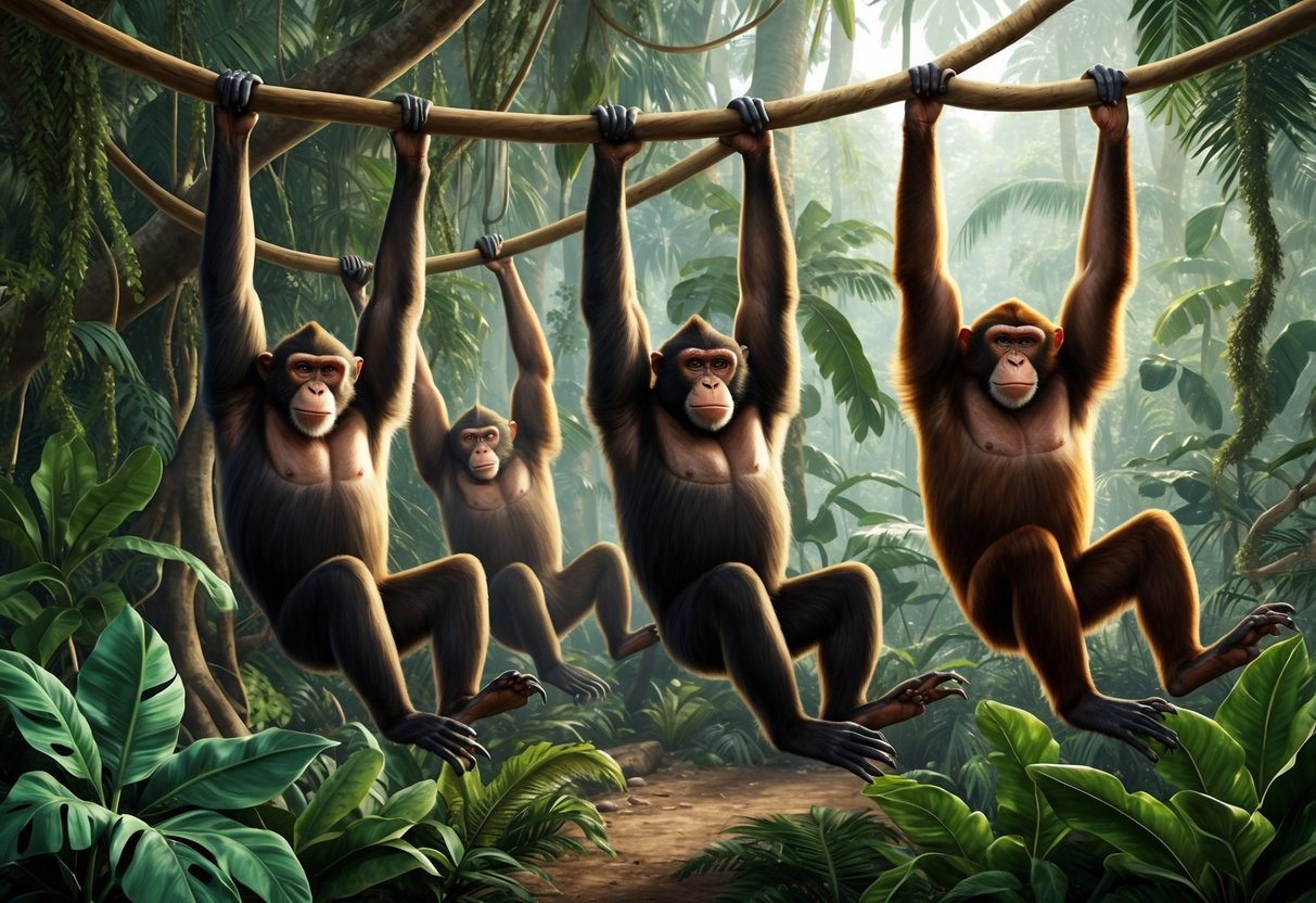 A group of large, powerful monkeys swing through the dense jungle, their impressive size and strength evident in their movements