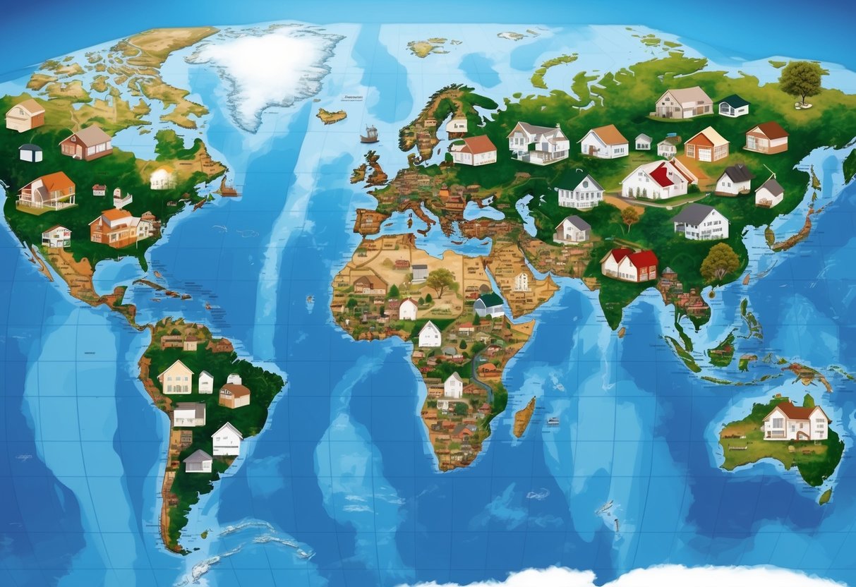 A sprawling world map with diverse housing types and styles representing the global overview of housing