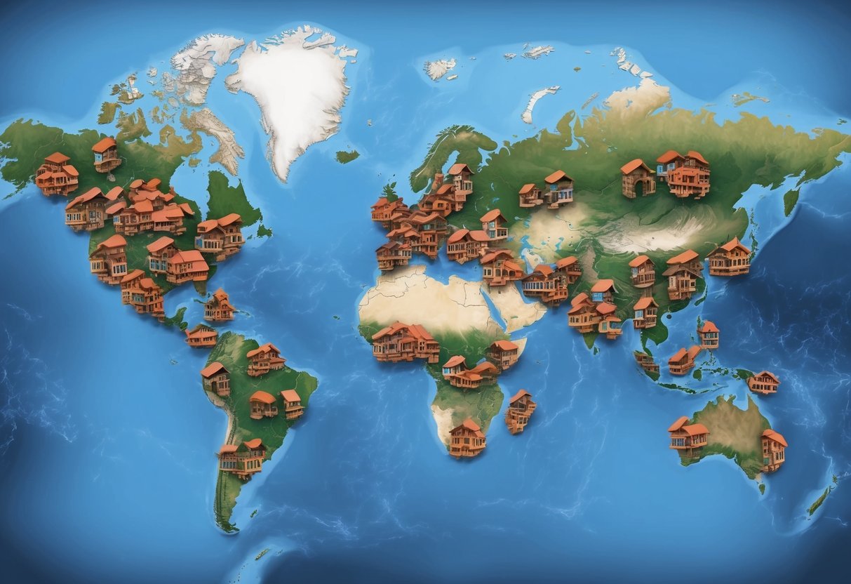 A sprawling world map with clusters of houses in various regions, representing global housing distribution