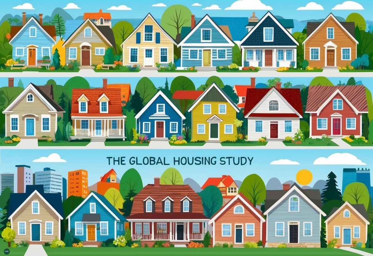 A diverse array of houses from various countries and regions, representing the global housing study