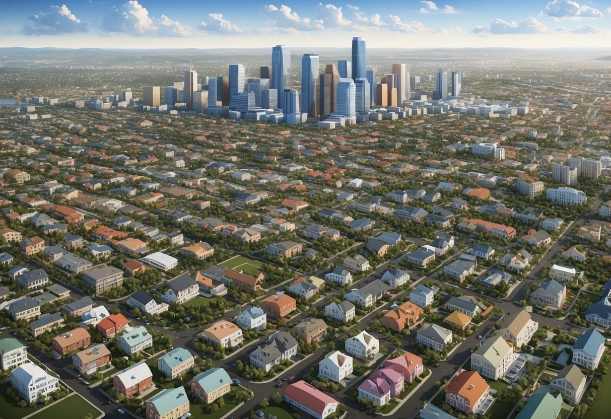 A sprawling cityscape with varying housing types nestled among high and low population density areas