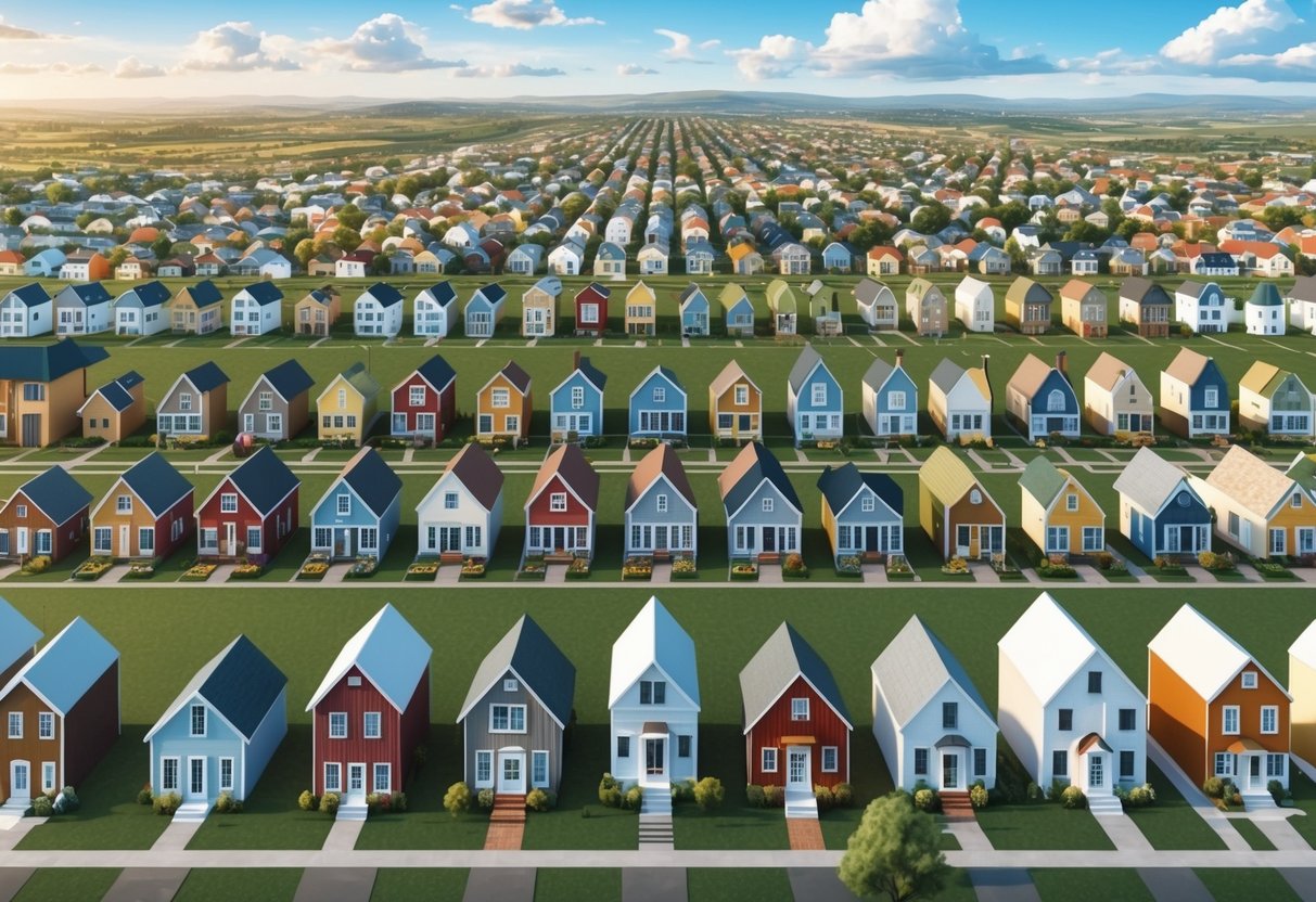 A sprawling landscape with rows of diverse houses, varying in size, shape, and color, stretching as far as the eye can see