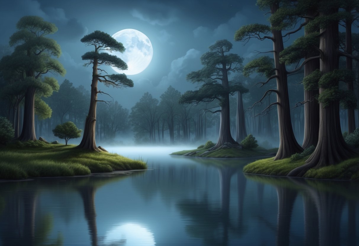 A serene forest with misty air and ancient trees, surrounded by a tranquil lake reflecting the moonlight