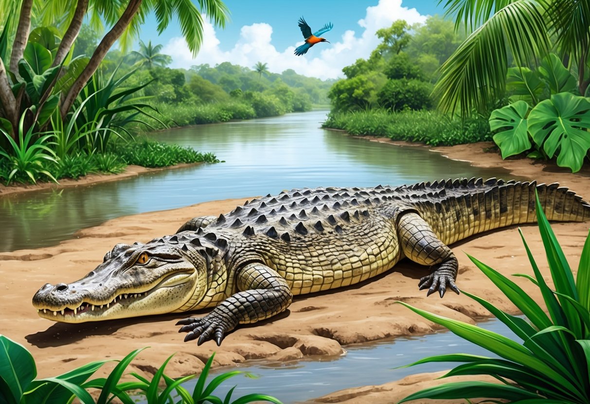 A crocodile basking on the muddy banks of a tropical river, surrounded by lush green vegetation and the sounds of exotic bird calls